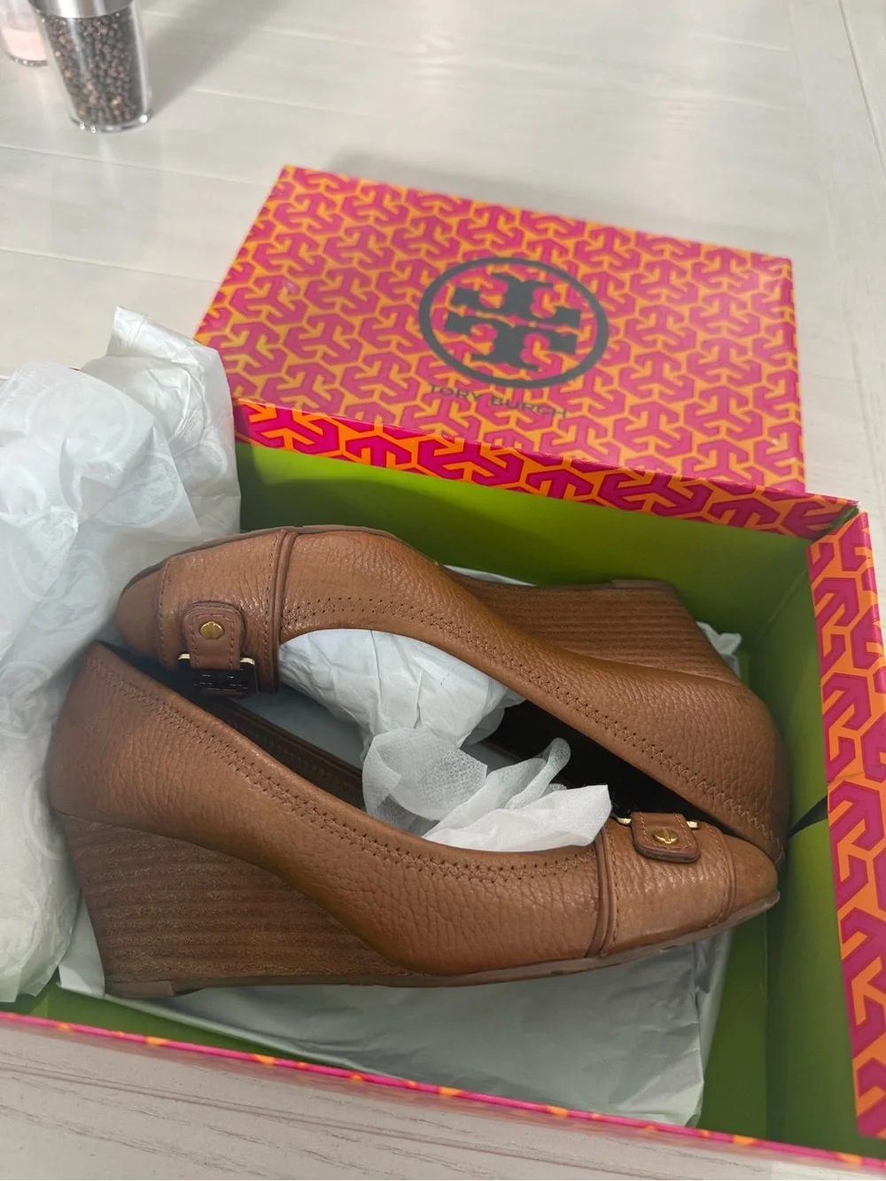 Tory Burch Tan Leather Logo Peep-Toe Wedges